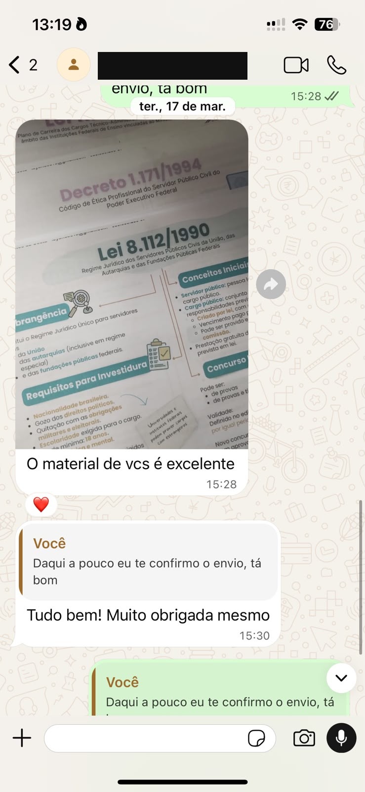 Print de WhatsApp com foto do material impresso e a mensagem: o material de vcs é excelente