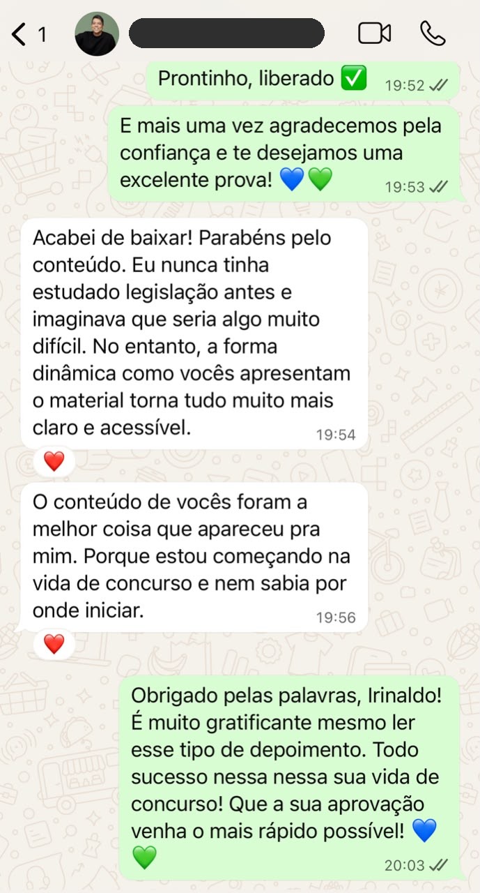 Print de WhatsApp: aluno conta que nunca tinha estudado legislação e achou o material claro e acessível