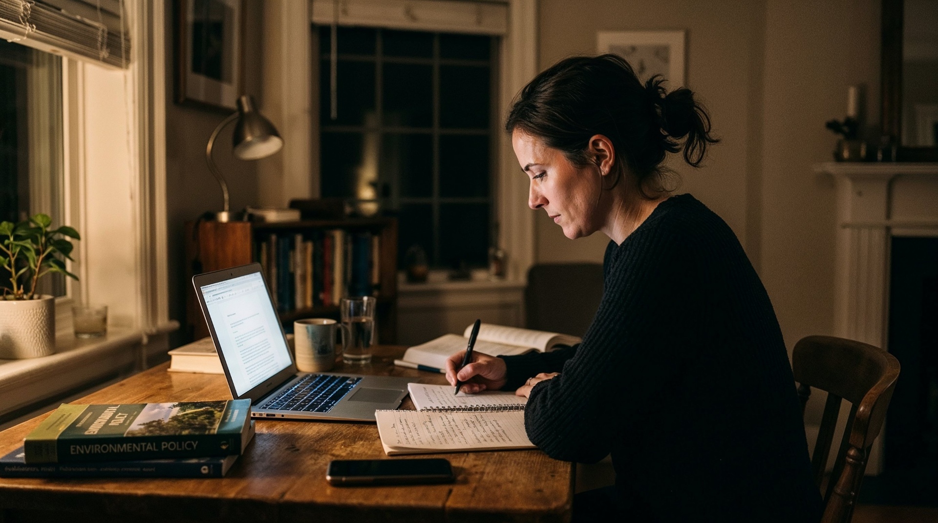 Pessoa estudando à noite em casa com livros e caderno