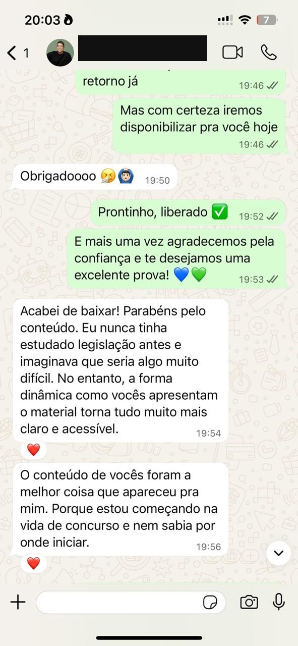 Print de WhatsApp: aluno conta que nunca tinha estudado legislação e que com os mapas ficou claro e acessível