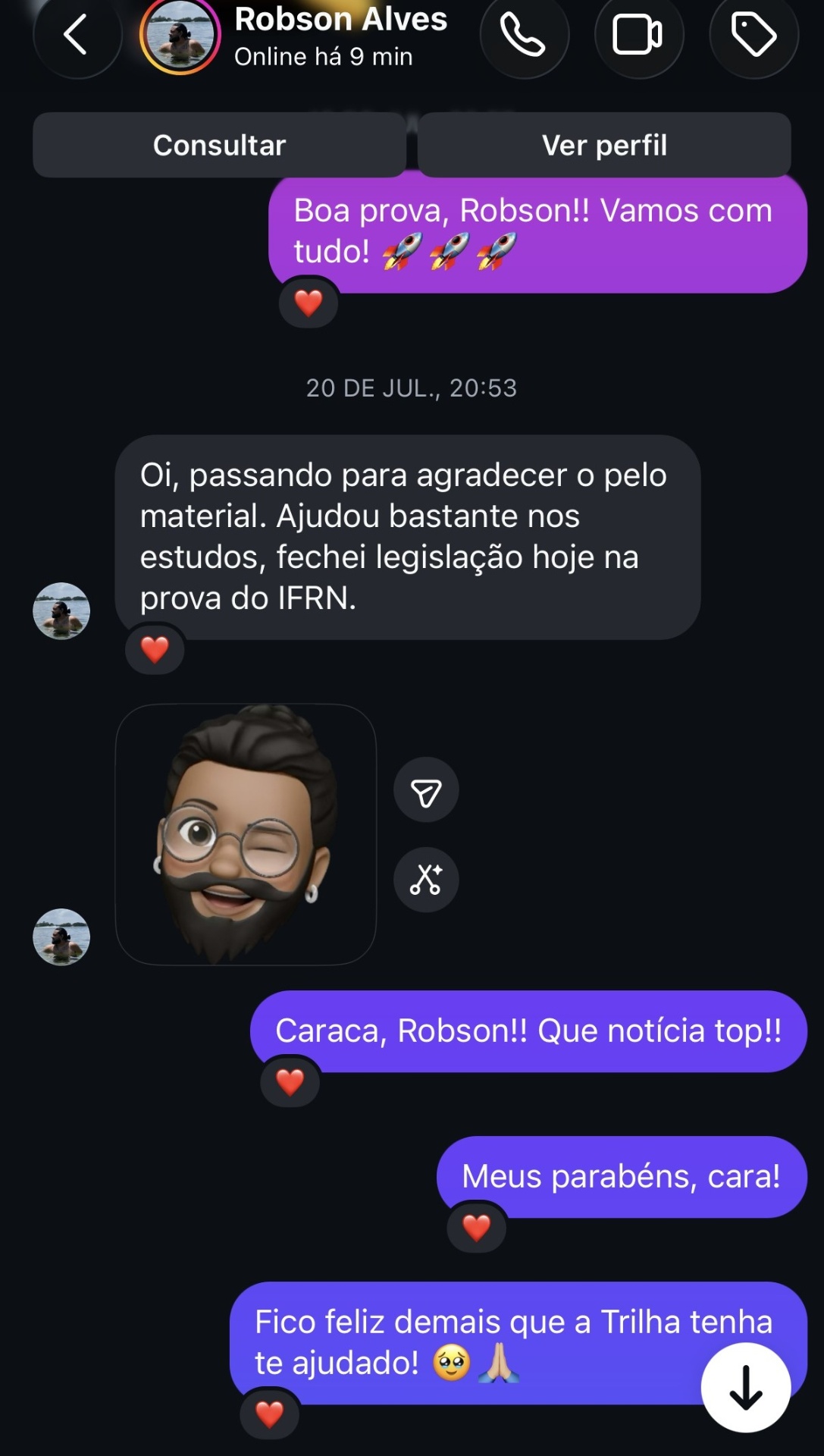 Print de conversa no Instagram com Robson Alves agradecendo pelo material e contando que fechou legislação na prova do IFRN.