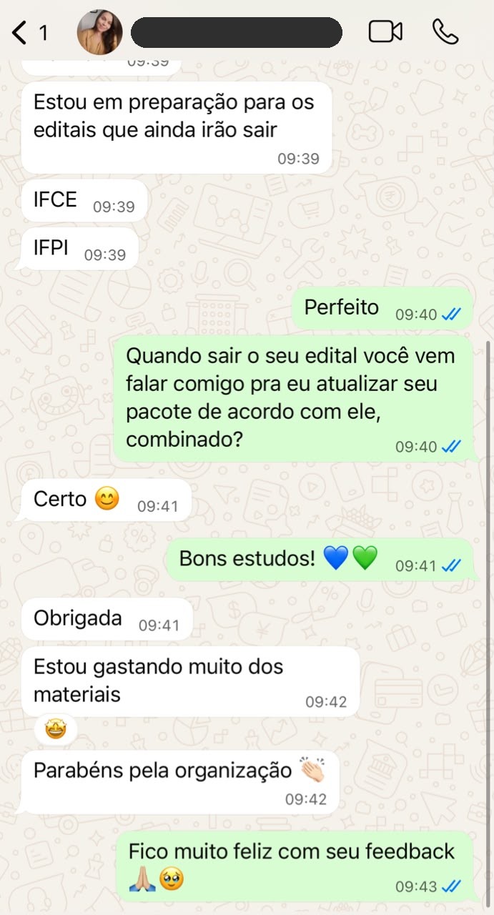 Print de WhatsApp: aluna elogia a organização dos materiais