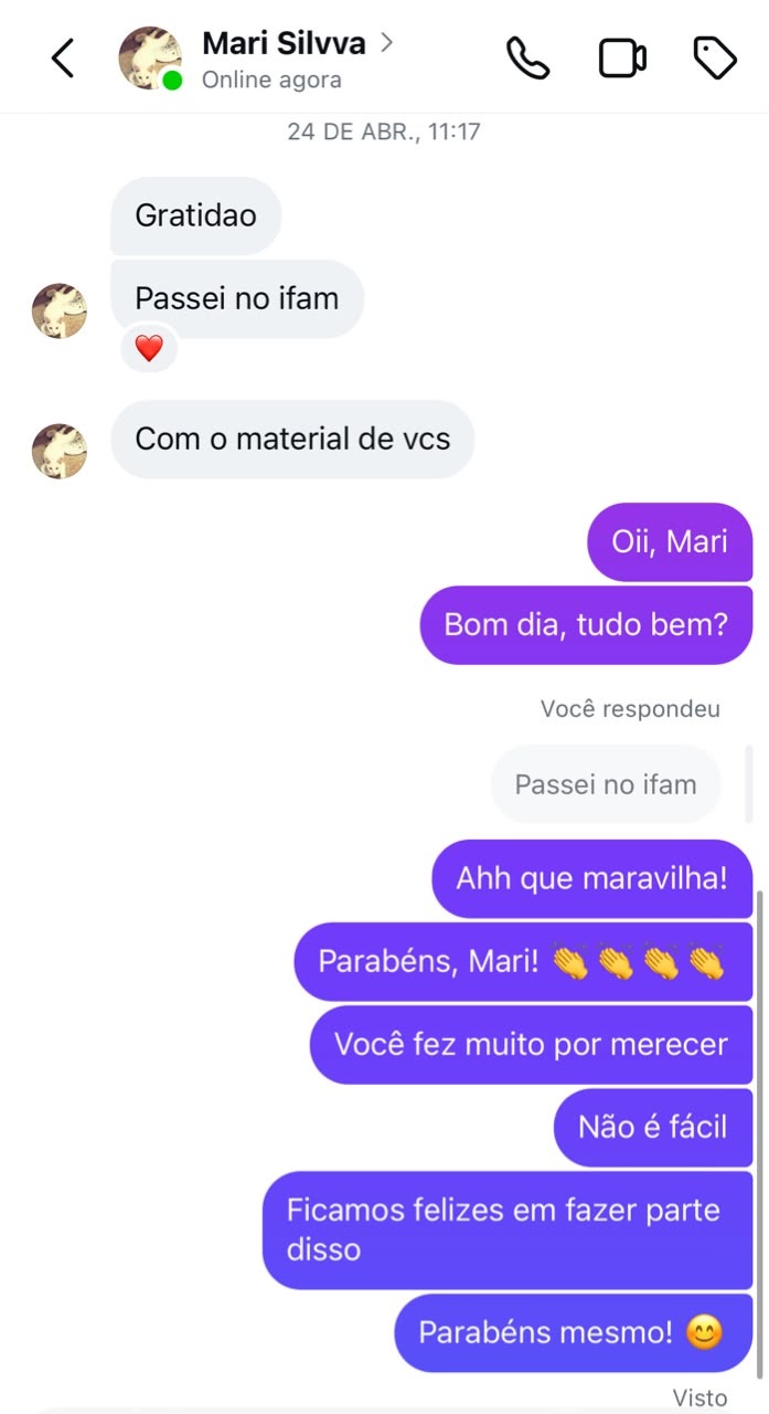 Print de conversa com Mari Silvva contando que passou no IFAM usando o material da Vibe Federal.