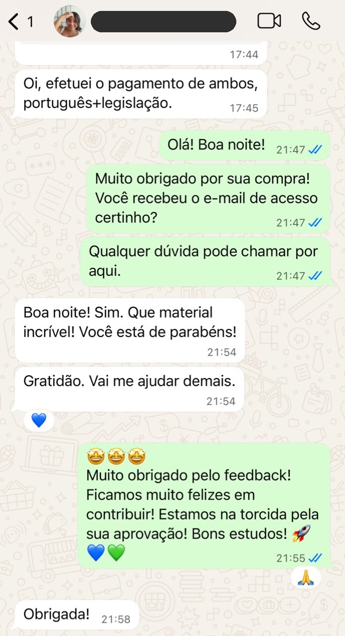 Print de WhatsApp: compradora de português e legislação elogia o material