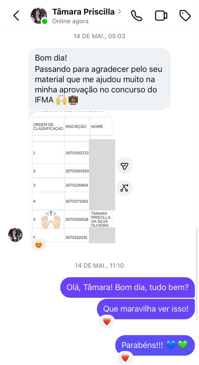 Print de conversa com Tâmara Priscilla agradecendo pelo material e mostrando a lista de classificação do IFMA em 5º lugar.