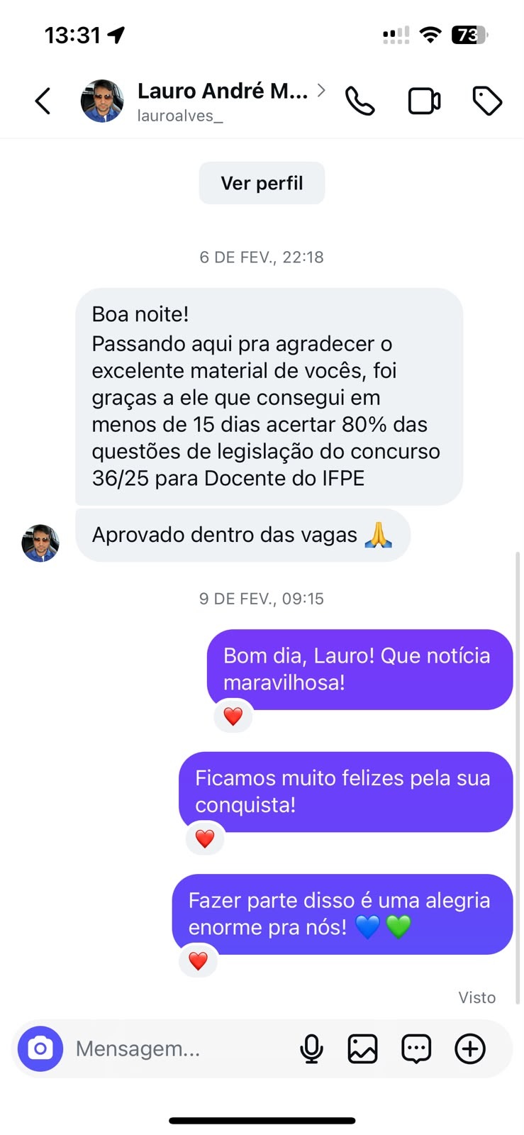 Print de conversa no Instagram com Lauro André contando que acertou 80% da legislação em menos de 15 dias e foi aprovado dentro das vagas no IFPE.