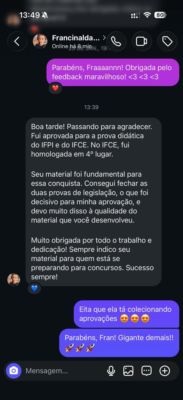 Print de conversa com Francinalda contando que foi homologada em 4º lugar no IFCE.