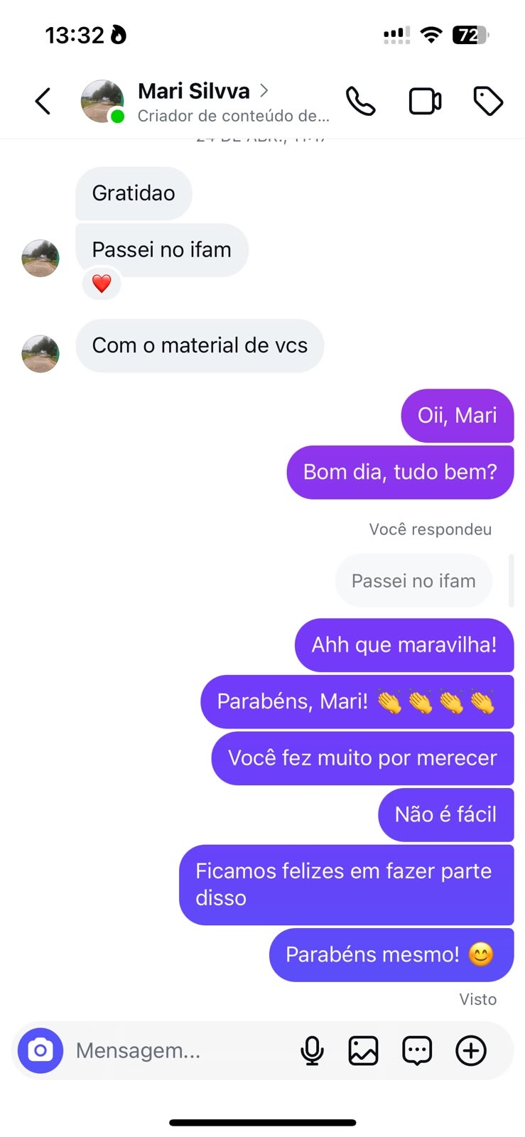Print de conversa com Mari Silvva contando que passou no IFAM usando o material da Vibe Federal.