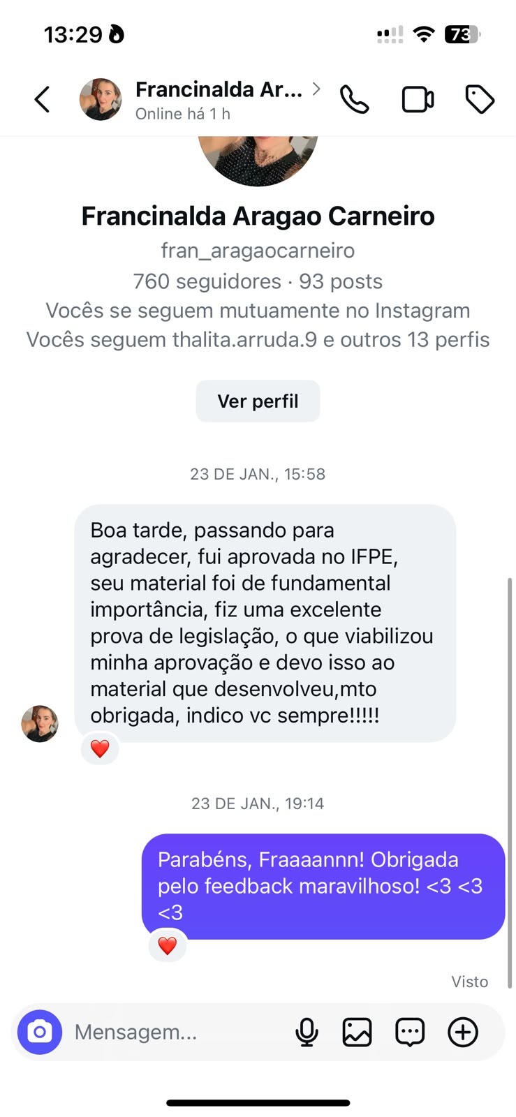 Print de conversa com Francinalda contando que foi aprovada no IFPE com o material.